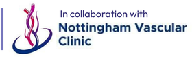 Nottingham Vascular Clinic logo and text “In collaboration with” in blue and purple on white background