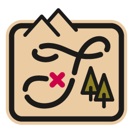 Tan map with winding trail, red X, and pine trees icon for Trailhead Adventures logo