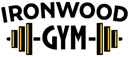 IRONWOOD GYM logo in black with gold-and-black barbell graphics