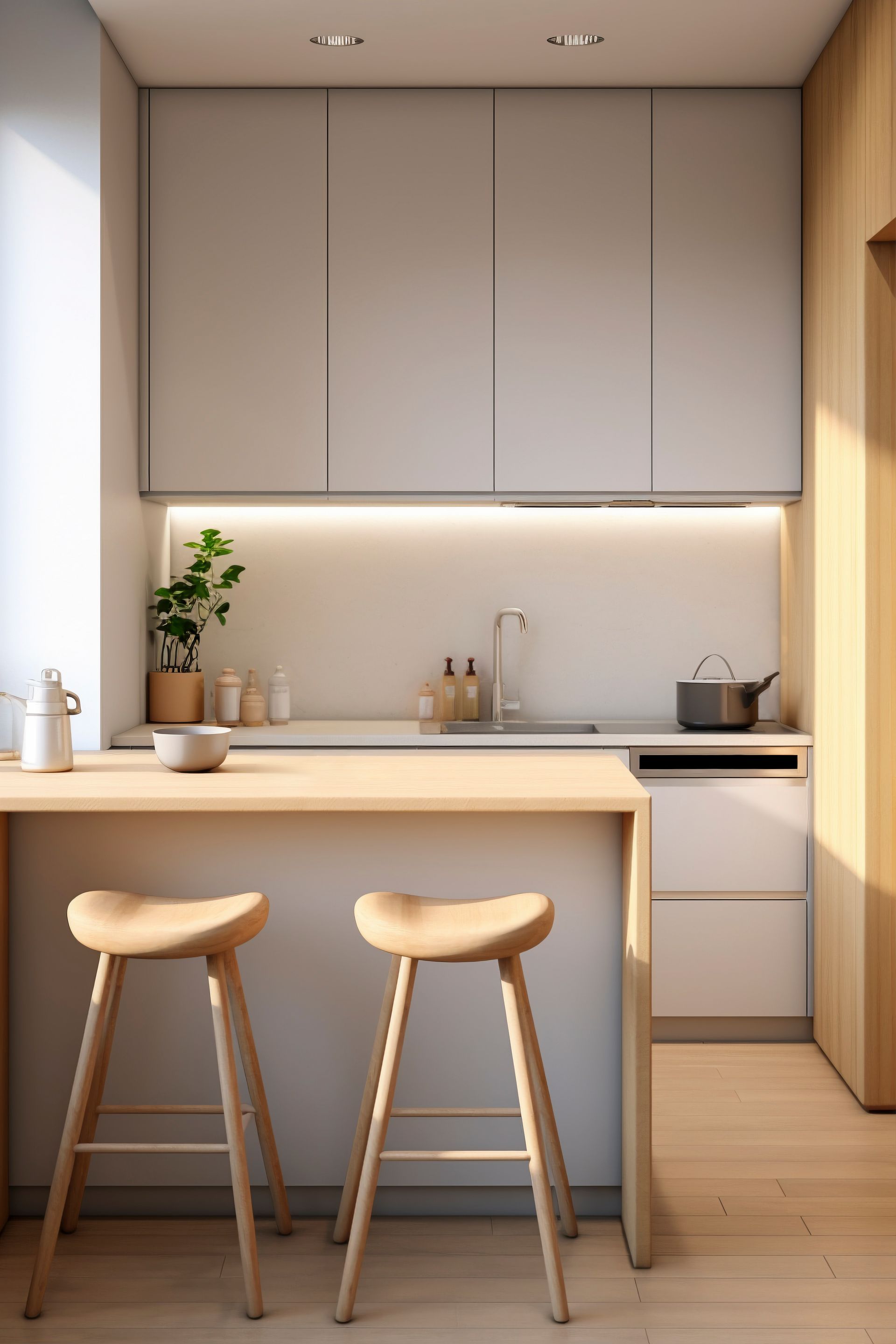 a kitchen with two wooden stools and a counter .