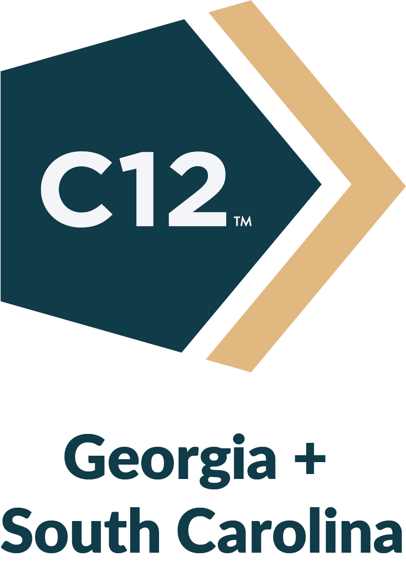 The logo for georgia + south carolina is a hexagon with an arrow pointing to the right.