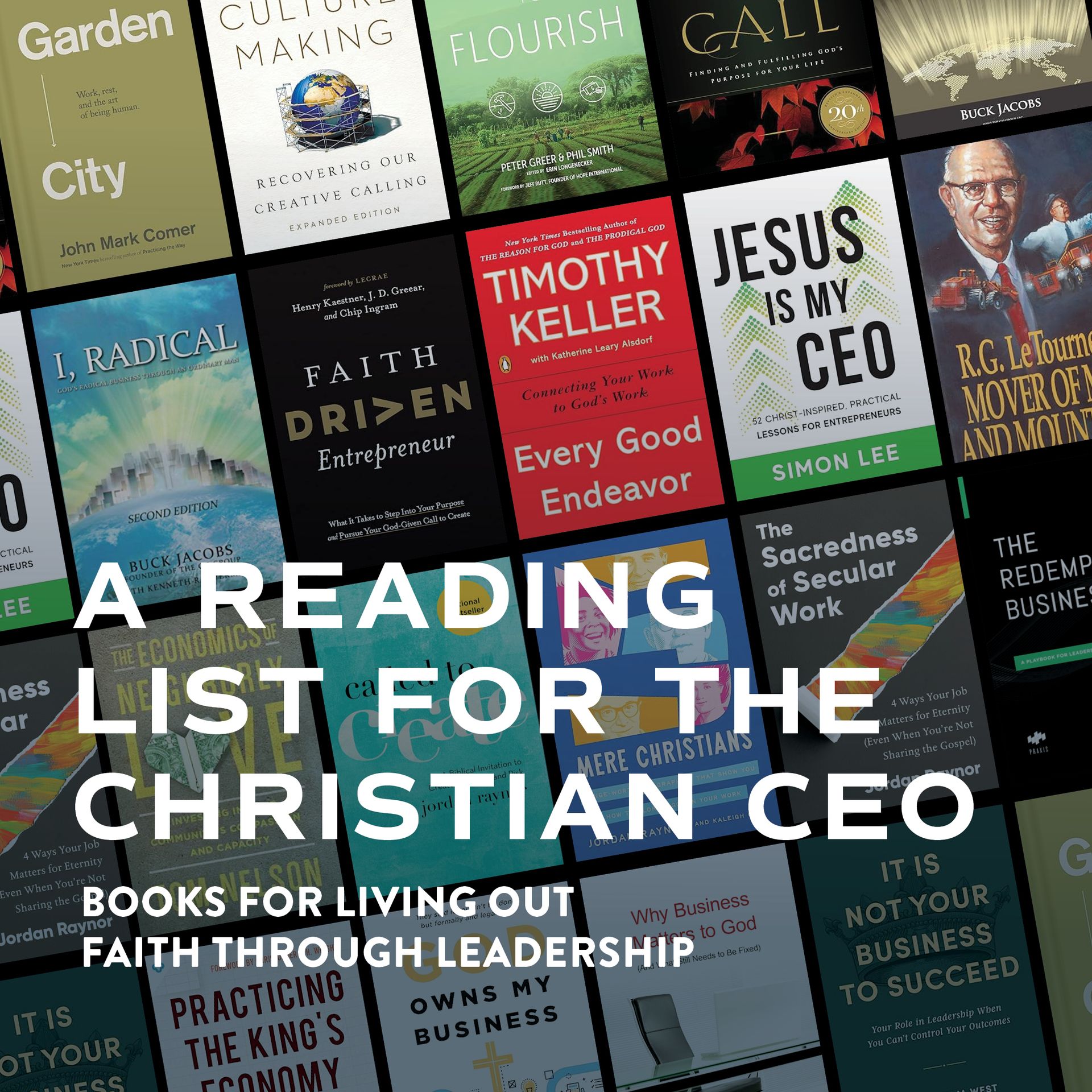Reading list of books for Christian CEOs on a black background.