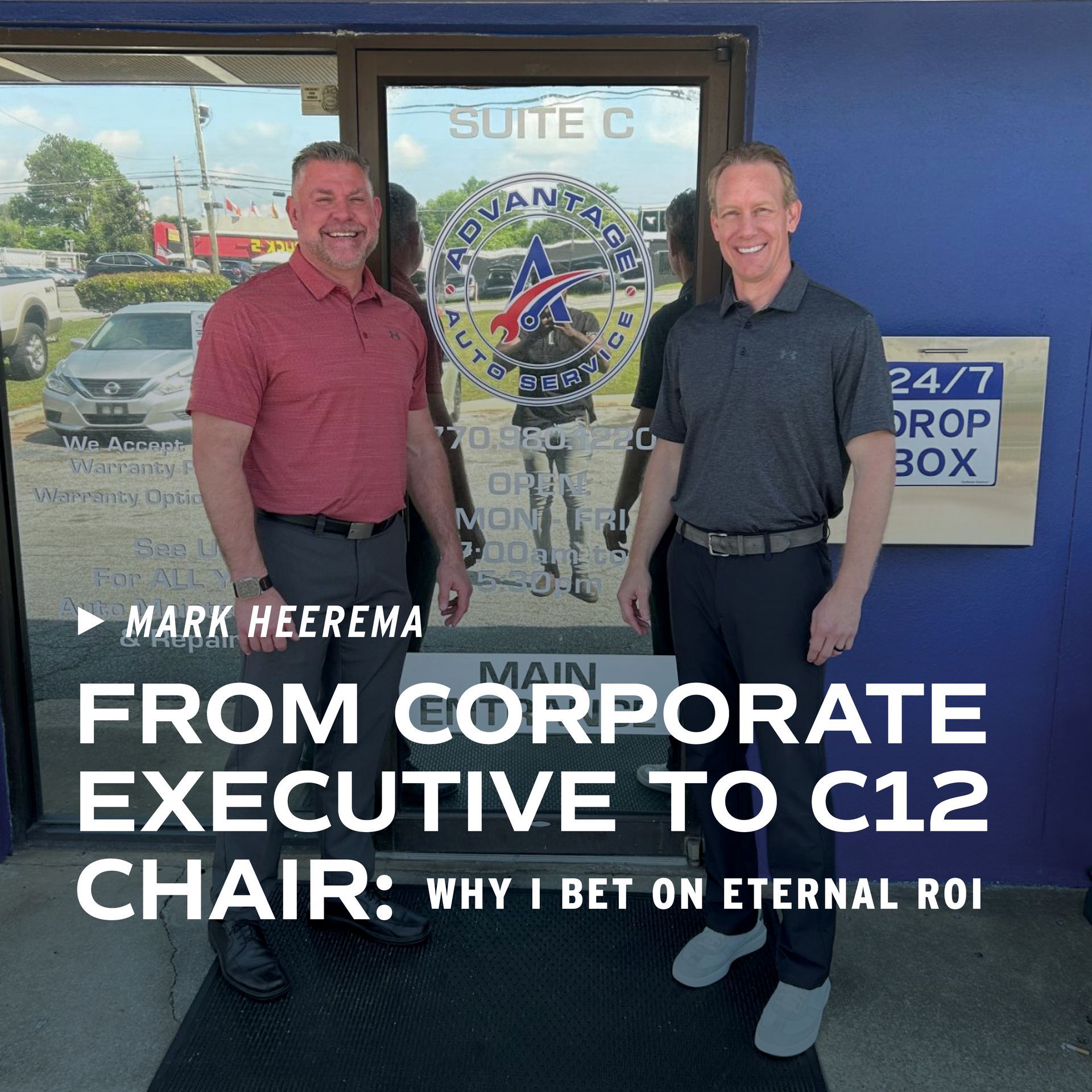 Two men stand outside a business. Text reads: