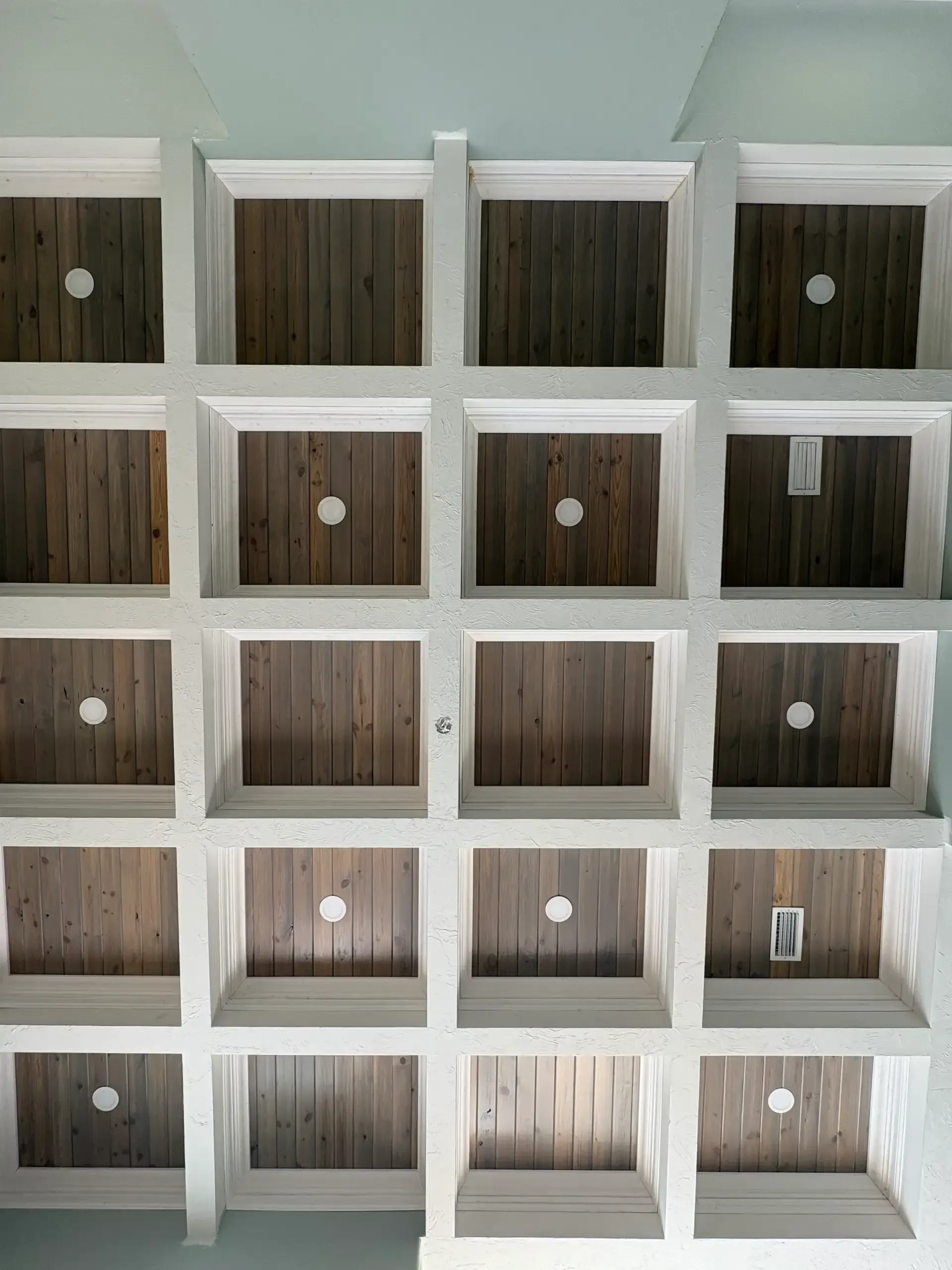 Square coffered ceiling with wood inlay panels