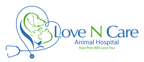 Logo for Love N Care Animal Hospital. Heart shape, stethoscope, dog, rabbit, bird, text: