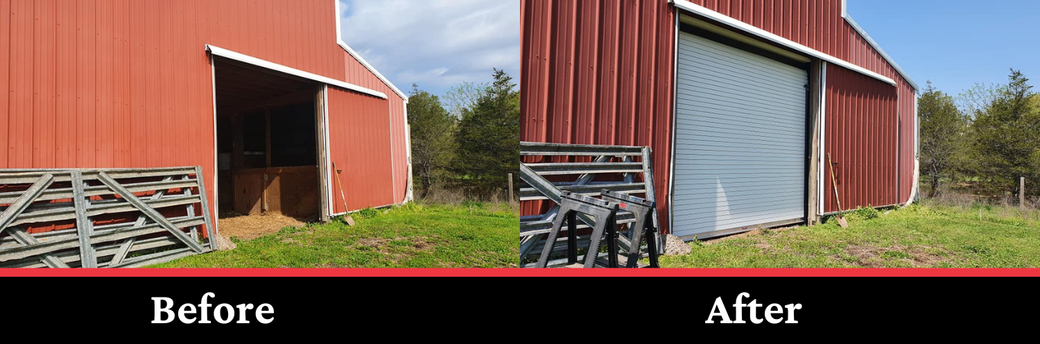 Split-view of a red barn before and after repair, showing a damaged door replaced by a gray roll-up door.