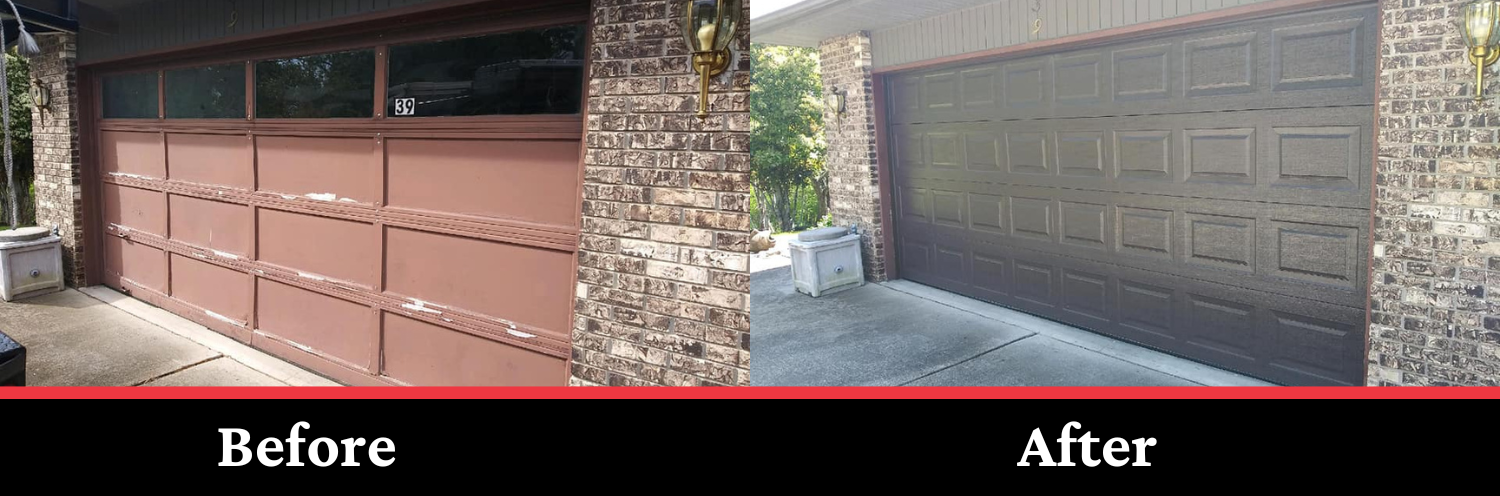 Before-and-after of a garage door repaint: pink door on the left, gray door on the right.