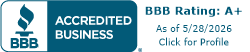BBB Accredited Business badge with A+ rating and “As of 5/28/2026 Click for Profile” text