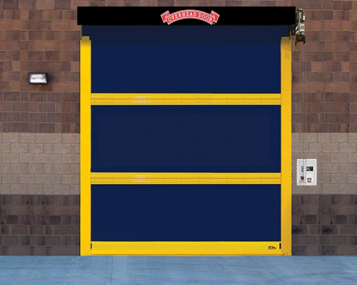 Blue and yellow security door set in a brick wall at a building entrance