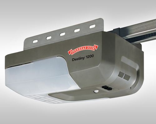 Gray garage door opener mounted on a ceiling rail, labeled