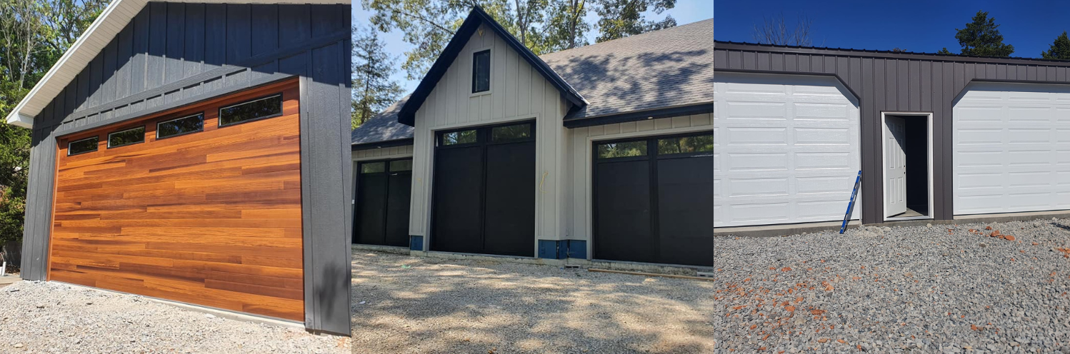 Three garage exteriors: one with orange wood doors, two gray garages with white trim.