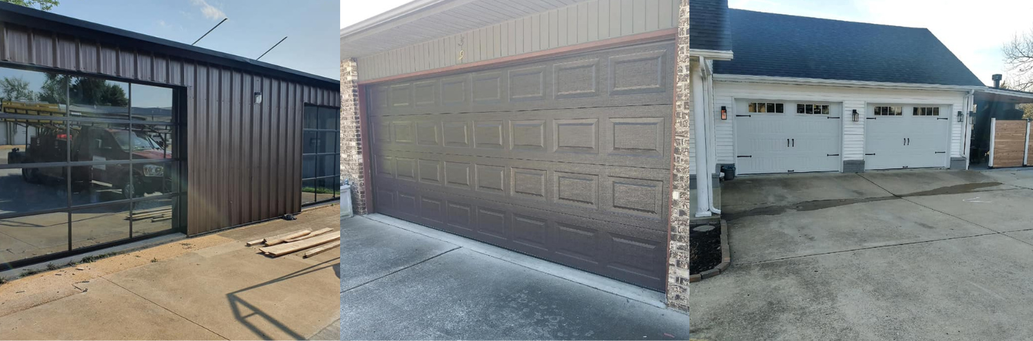 Three exterior views of large industrial garage doors on commercial buildings