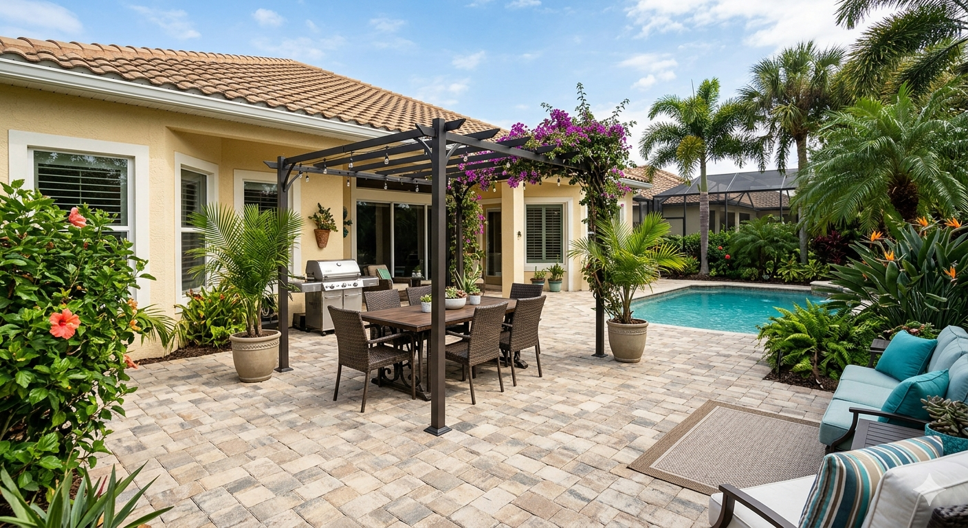 Backyard patio with dining table, lounge chairs, pergola, and a swimming pool beside a house