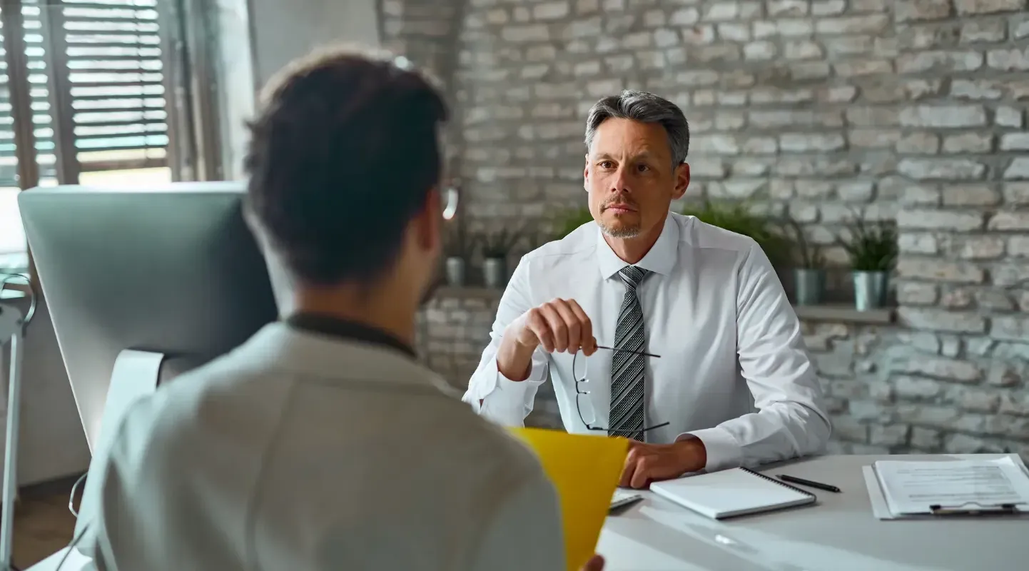 A man is sitting at a desk having a job interview with another man.