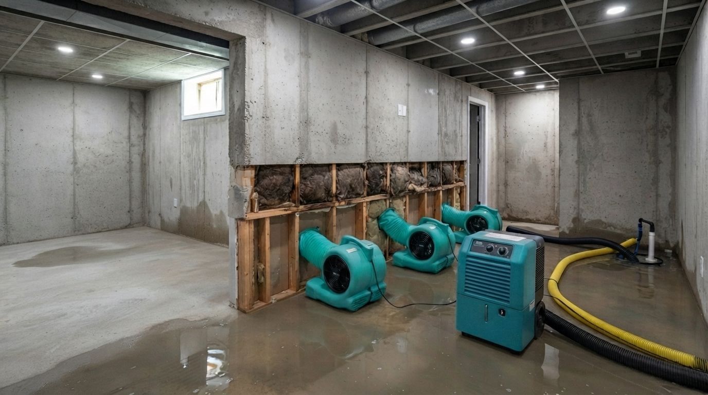 Industrial basement with blue ventilation fans, concrete walls, and exposed pipes under ceiling lights