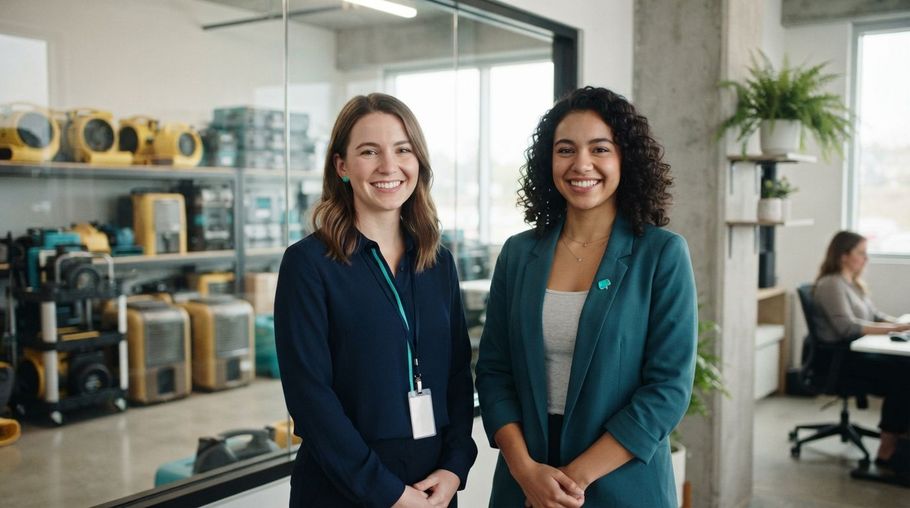 Two smiling coworkers standing in a modern office with shelving and desks behind them