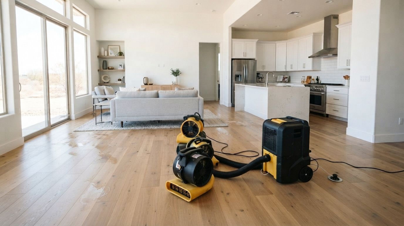 Vacuum cleaner and portable air purifier in a bright, modern living room and kitchen