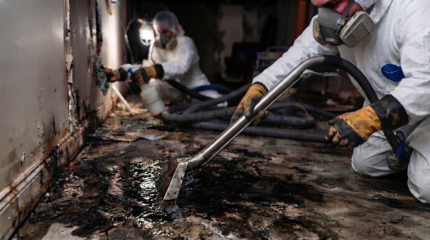 Workers in white protective suits cleaning a burnt industrial floor with hoses and vacuum tools