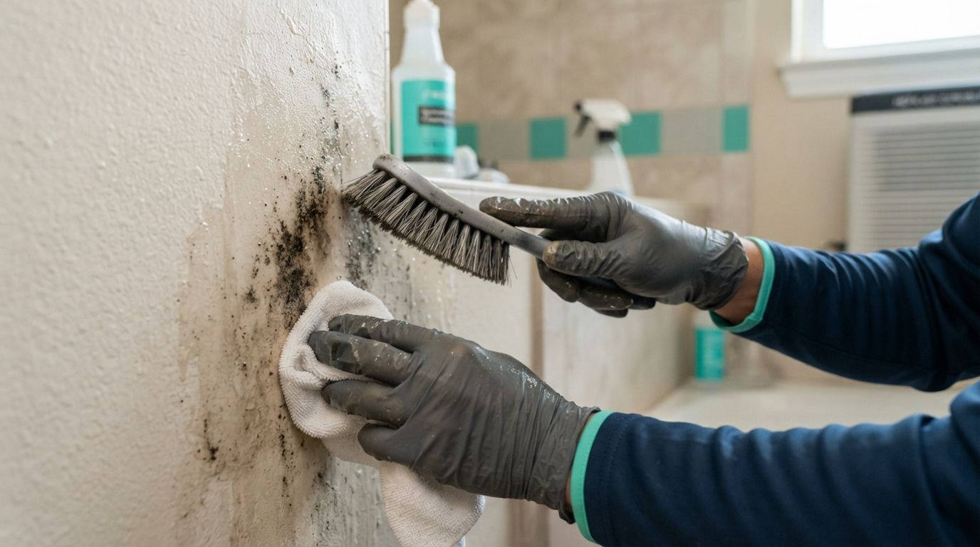 Gloved hands scrubbing moldy wall grout with a brush and cloth in a bathroom
