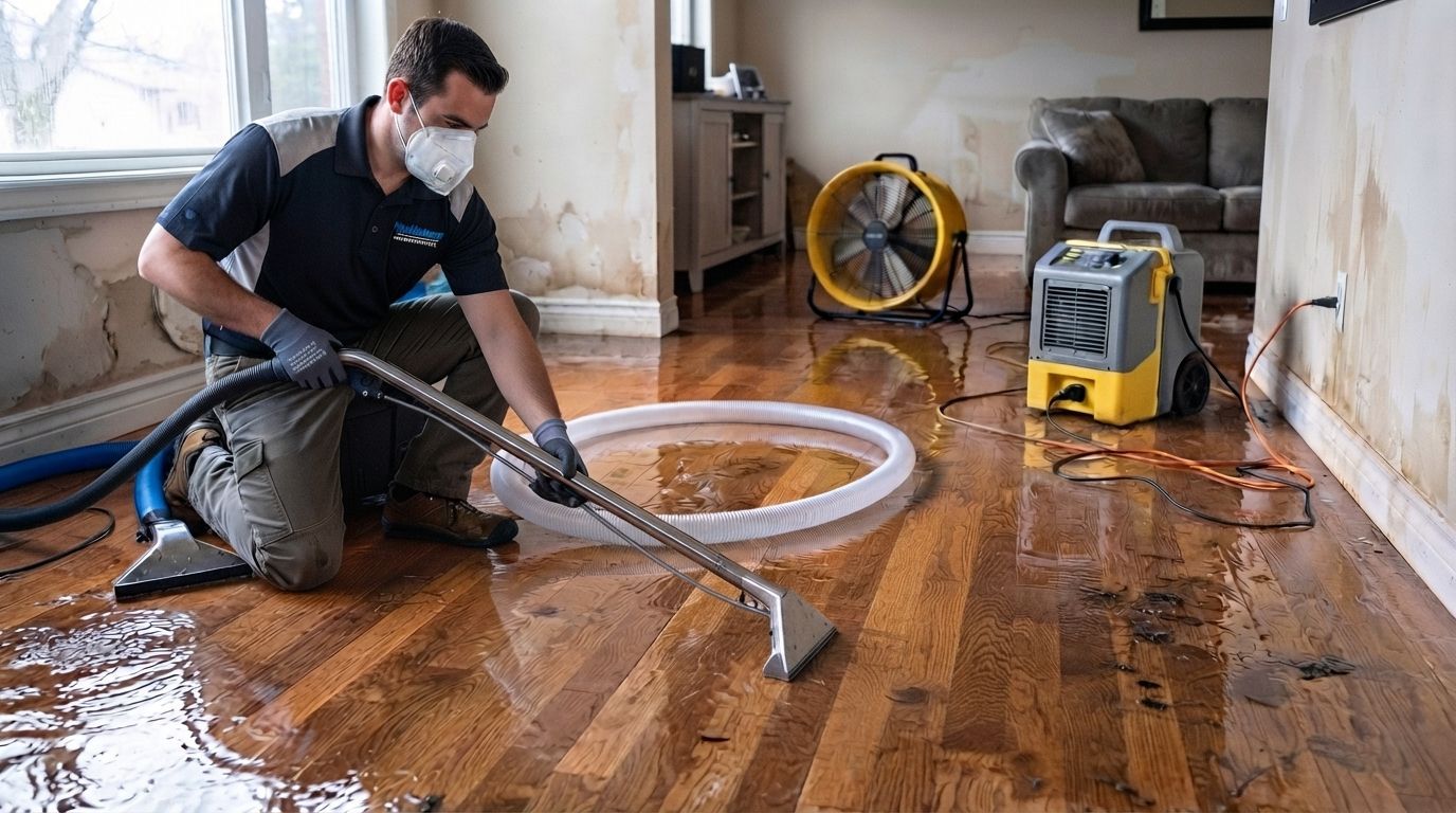 Water damage cleanup in a home, with wet hardwood floors, fans, and a mop near the patio door.