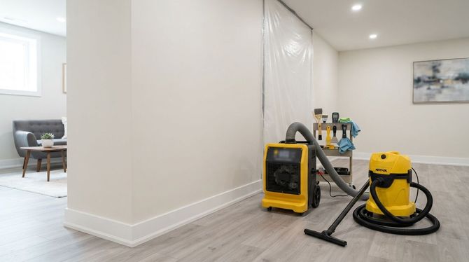 Bright hallway with a yellow wet/dry vacuum and cleaning equipment on the floor