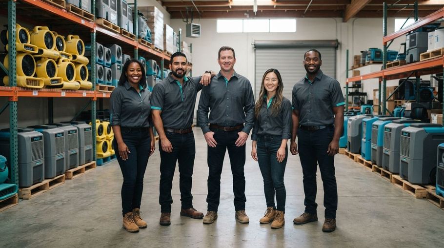 Five workers standing in a warehouse aisle with shelves of equipment and tools on both sides.