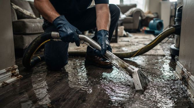 Worker using a squeegee to remove water from a flooded living room floor