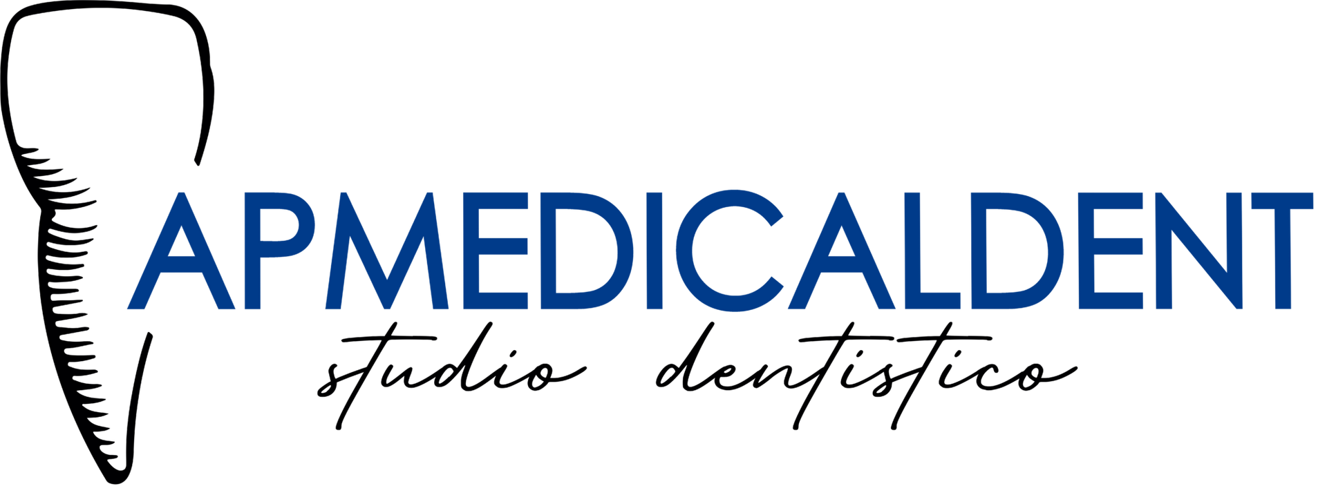 Logo per lo studio dentistico APMEDICALDENT, caratterizzato da un'icona a forma di dente stilizzata accanto a un testo blu in grassetto.