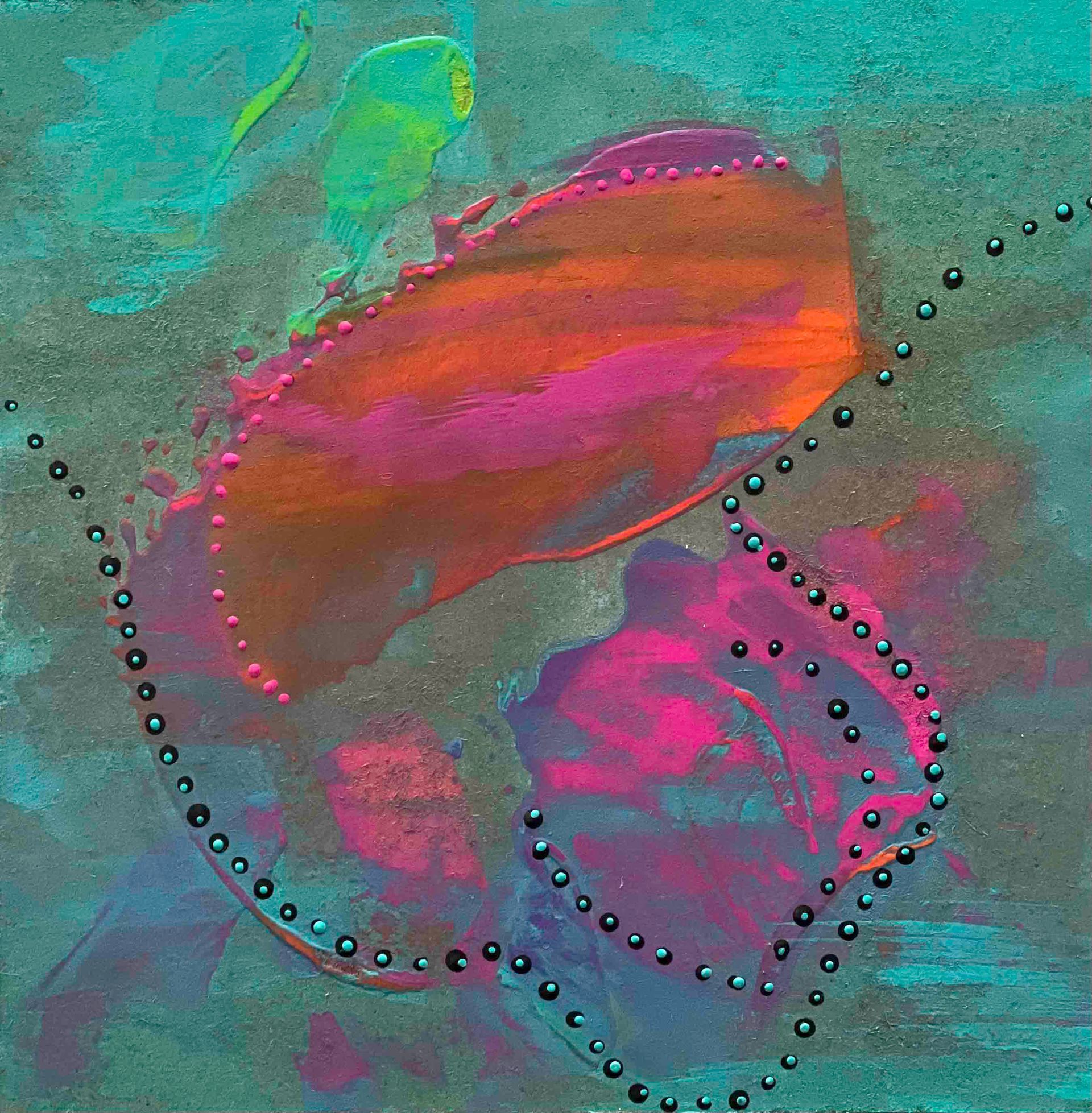 Colorful cropped shawl on a black mannequin, with blue, pink, and orange paint and silver studs along the edges.