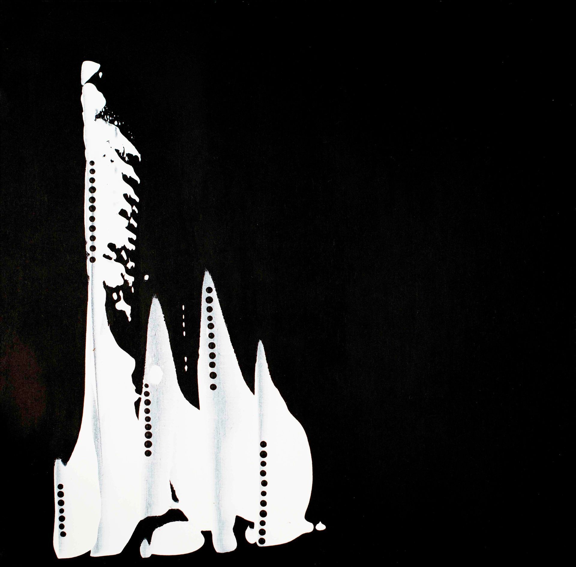 Black-and-white abstract off-shoulder top on a mannequin with bold symmetrical pattern
