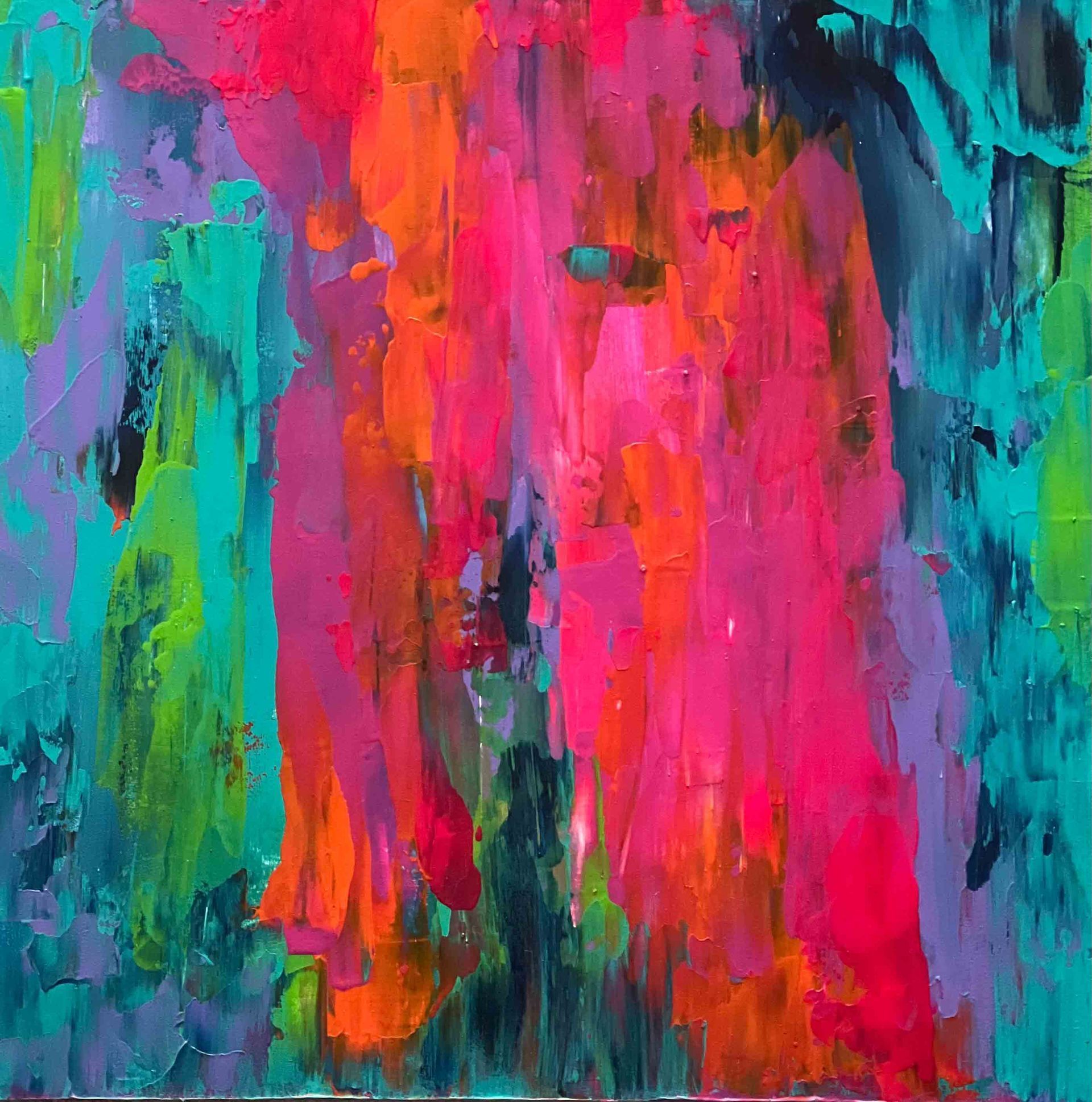 Colorful silk scarf on a black mannequin, displaying pink, blue, and green abstract art.