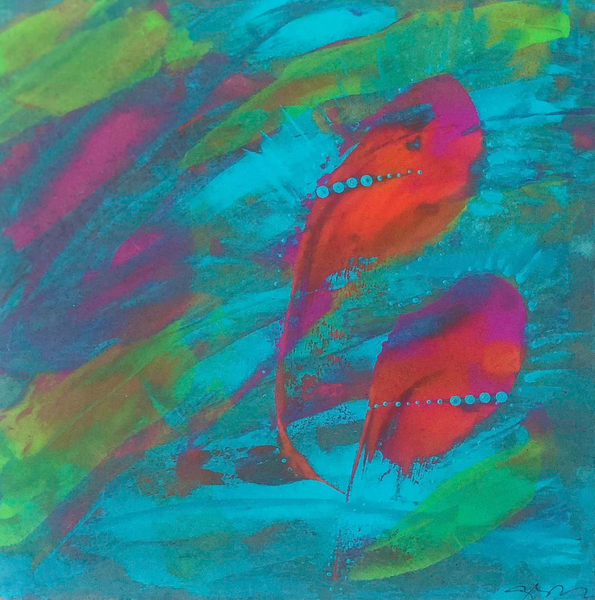 Abstract painting: swirling blue, green, and red brushstrokes. Two large red shapes with small white dots.