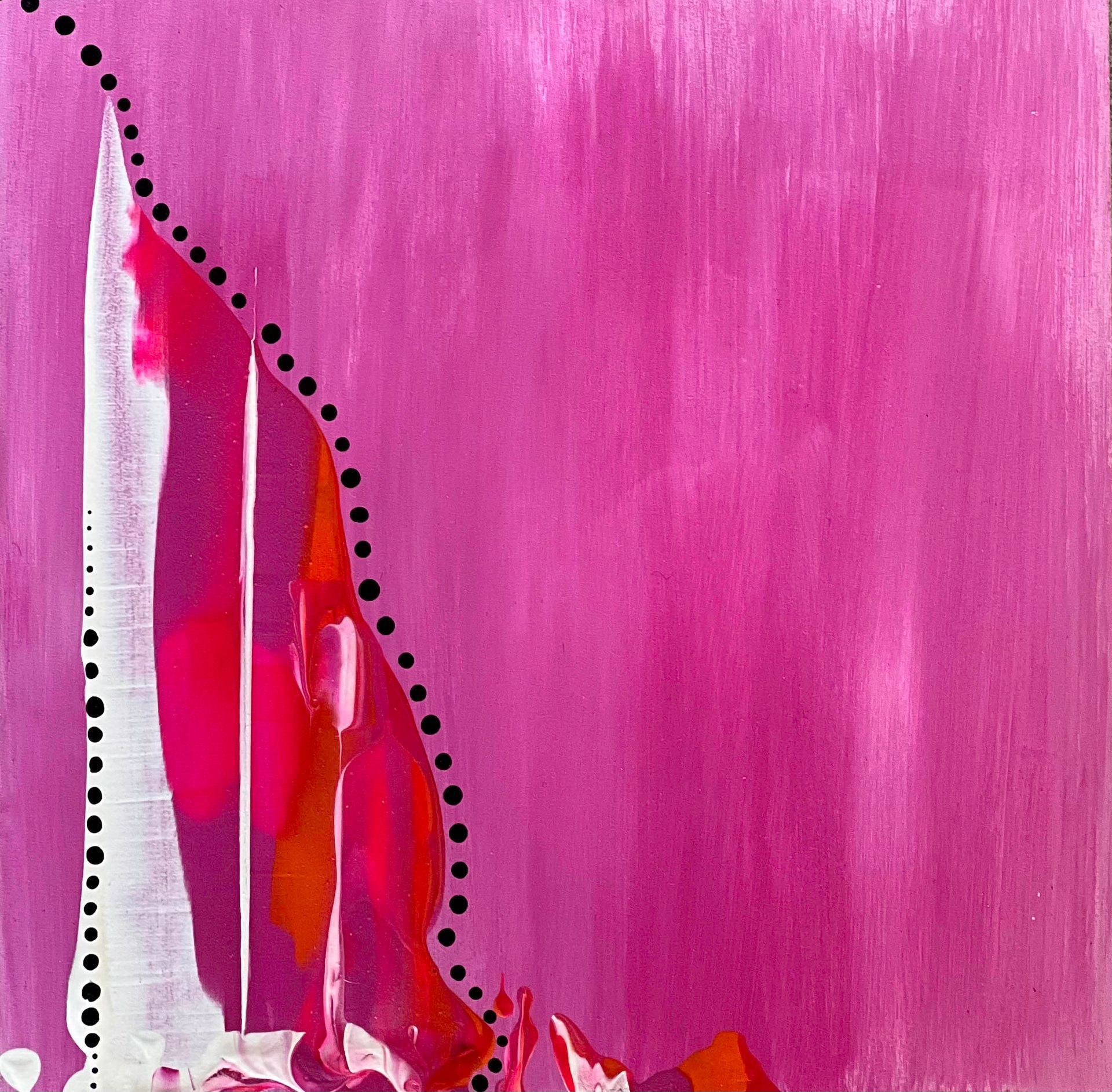 Pink, cropped silk poncho on black mannequin. Features abstract watercolor-like design in various shades of pink.