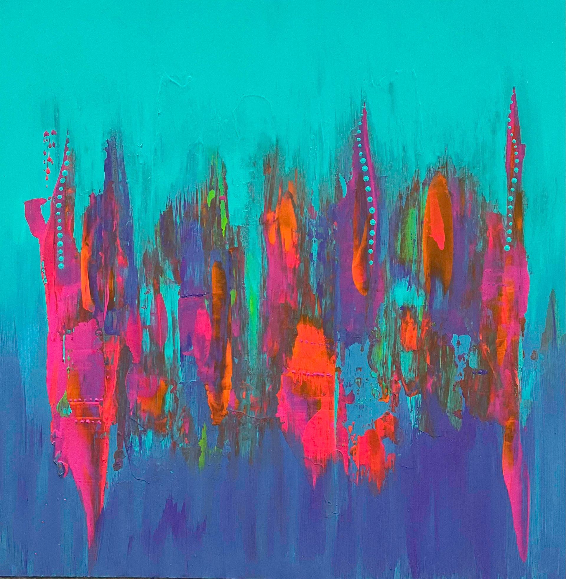 Cropped blue, red, and turquoise abstract pattern top displayed on a black mannequin.
