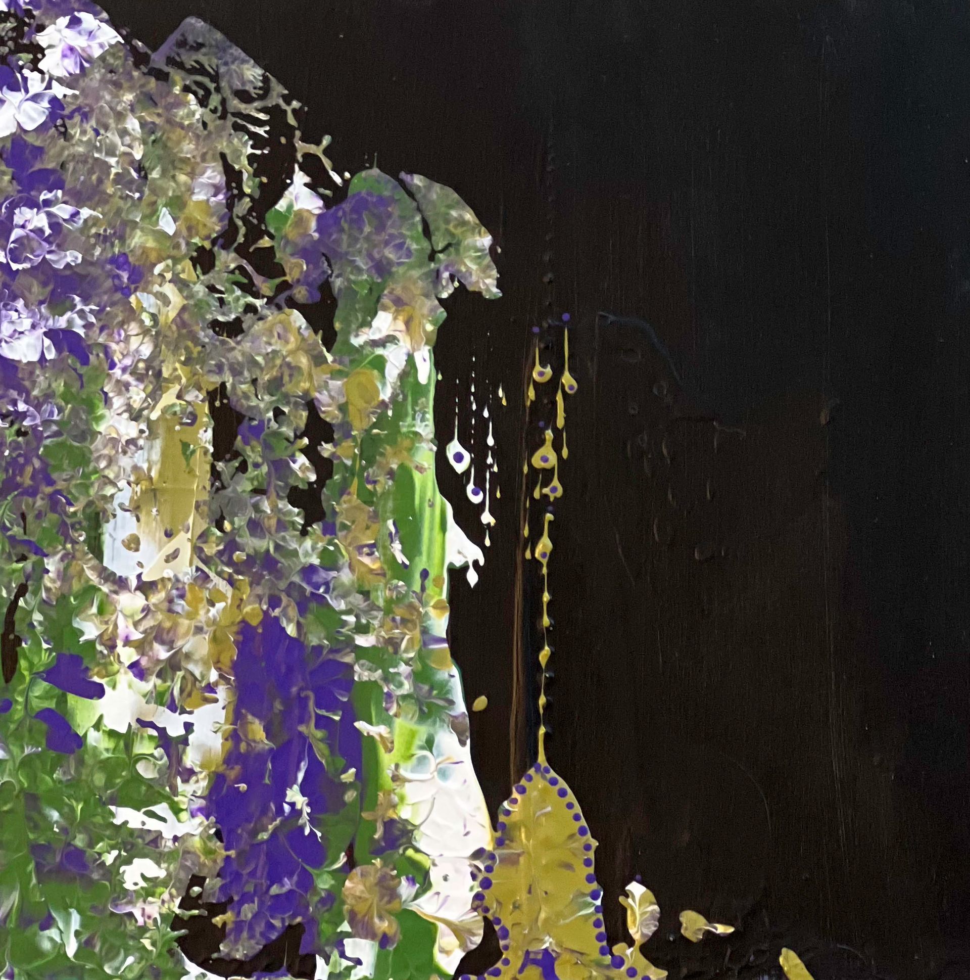 Dark navy draped shawl with floral shoulders on a mannequin, against a white background