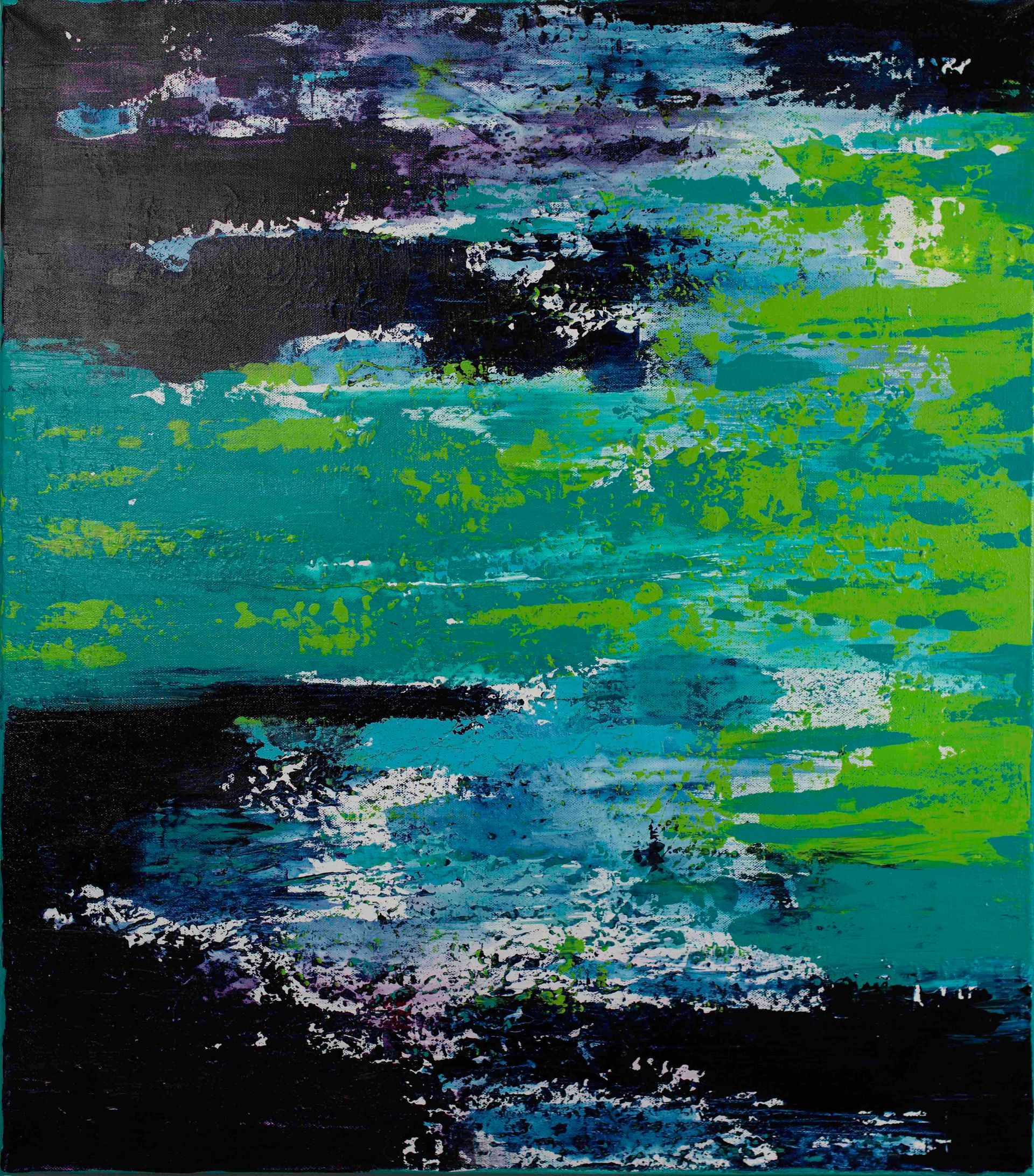Abstract print blue, green, and black cape-style top on a black mannequin.