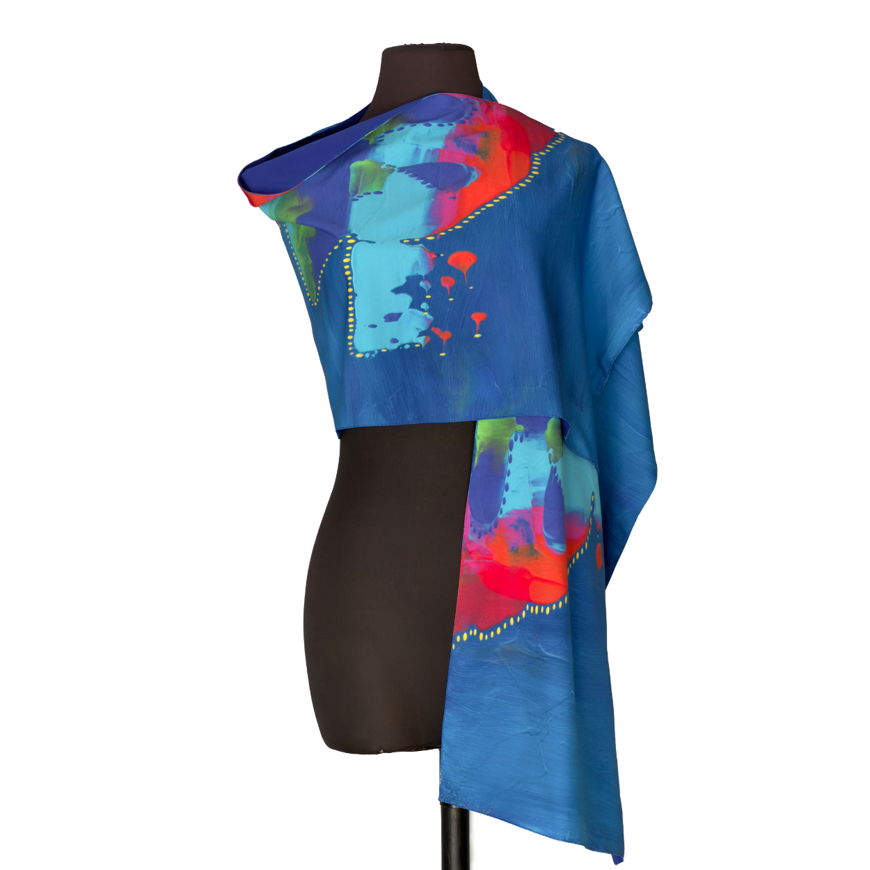 Blue and red asymmetrical draped top on a mannequin