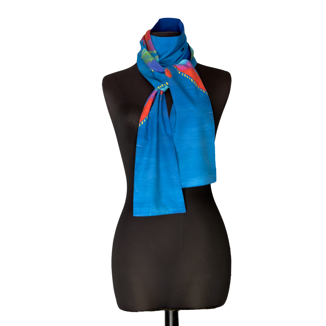 Blue scarf draped around a black dress form mannequin with a colorful pattern at the top