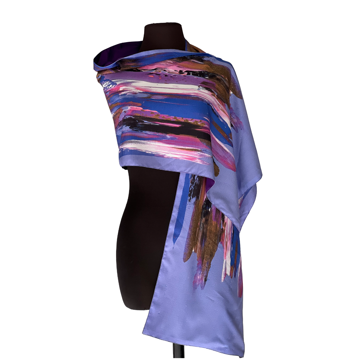 Light purple scarf with abstract brushstroke pattern, draped on a black mannequin.