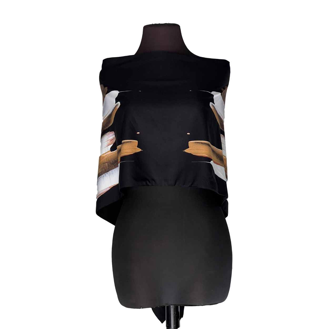 Black mannequin torso wearing an off-shoulder black top with tan and white sleeve-like accents