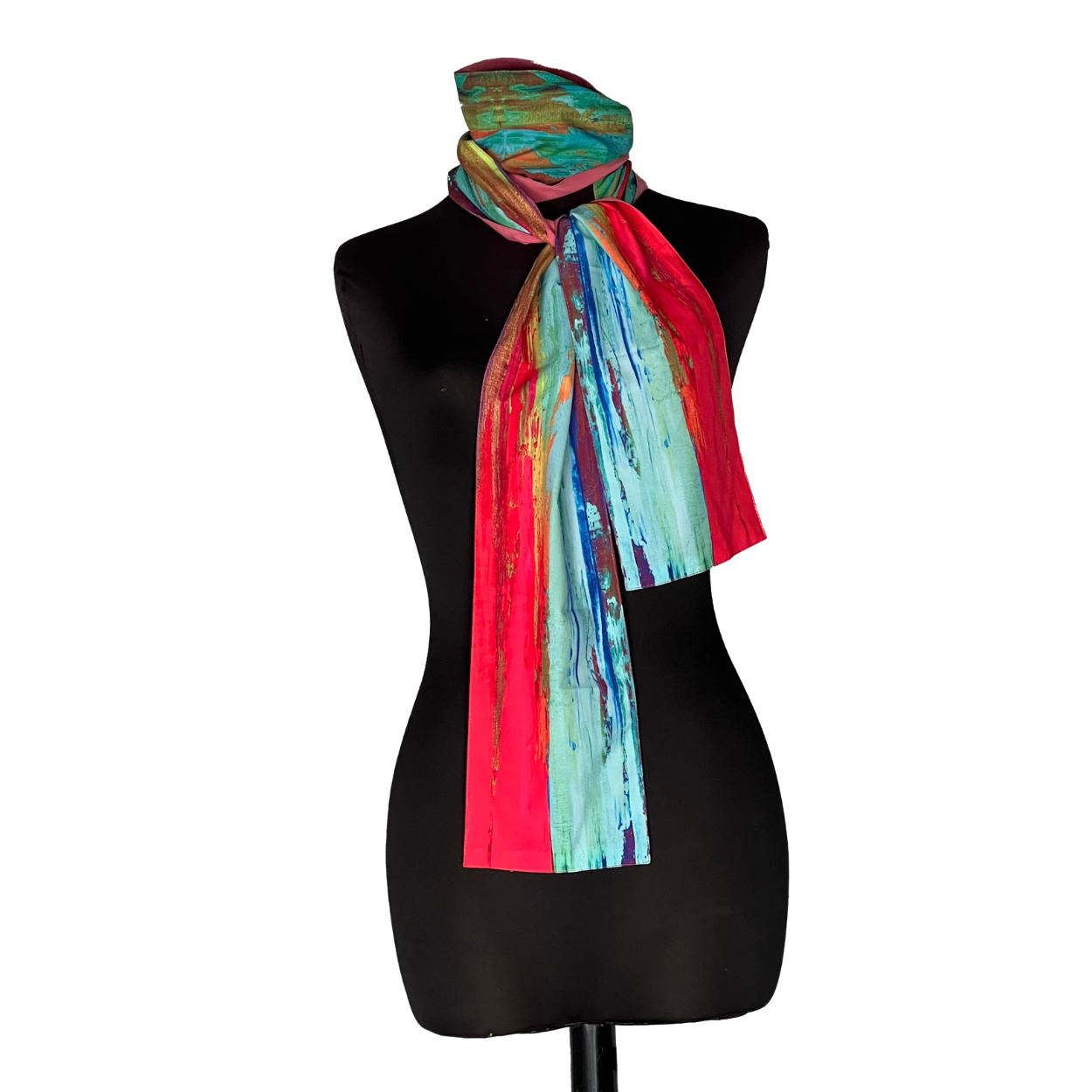 Colorful striped scarf draped on a black mannequin torso against a white background