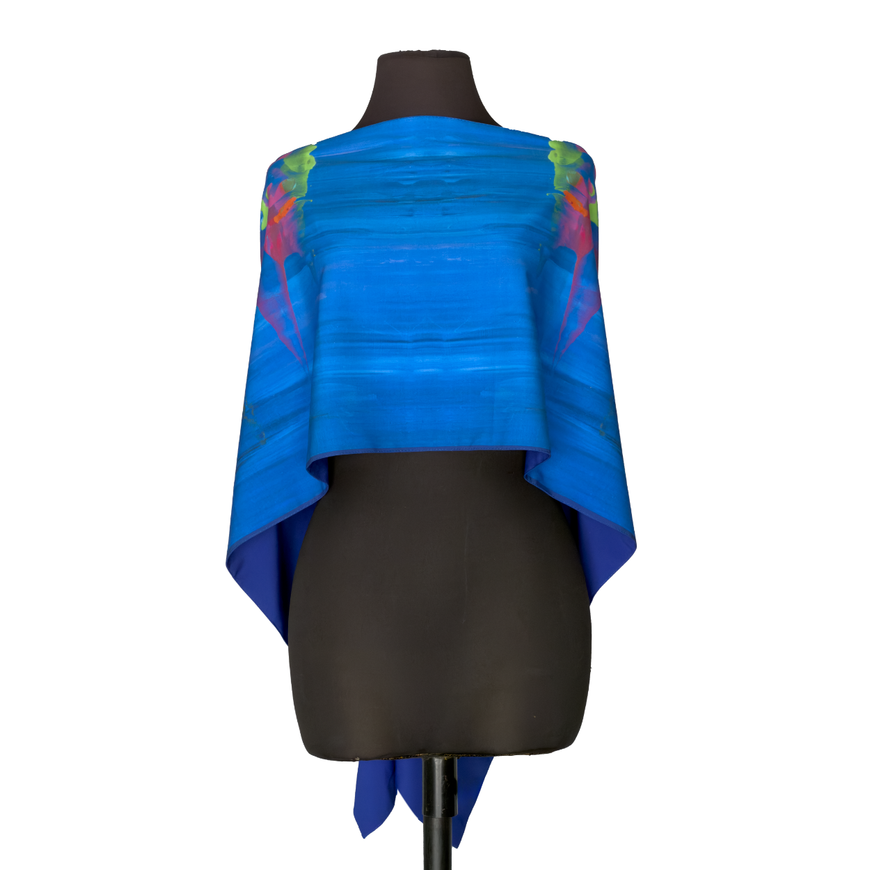 Blue shawl with multicolor shoulder accents draped over a black mannequin torso on a white background