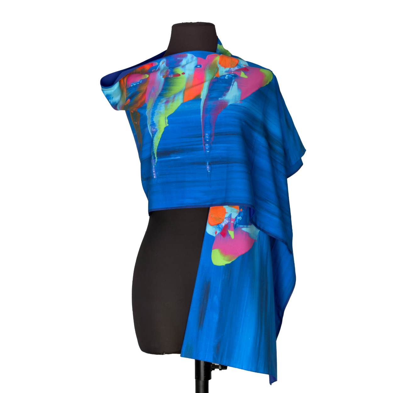 Abstract blue and multicolor draped garment on a mannequin