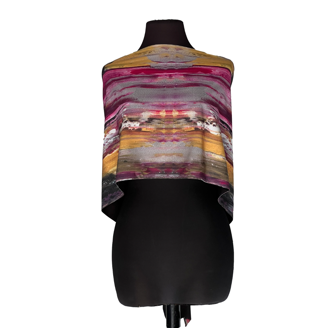 Mannequin wearing a multicolored striped strapless top over a black skirt base