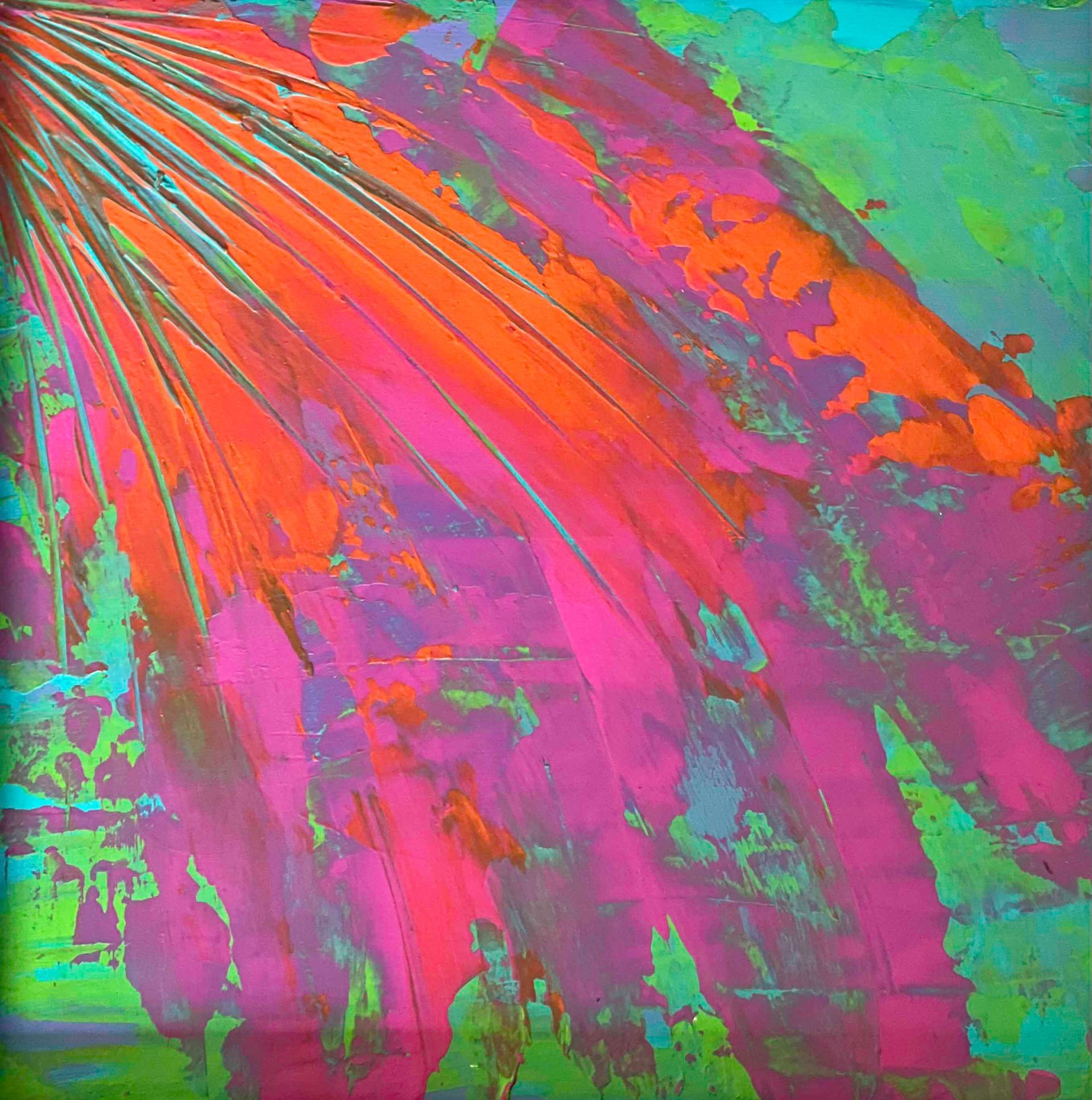 Colorful silk shawl draped on a black mannequin, with shades of pink, orange, and green.