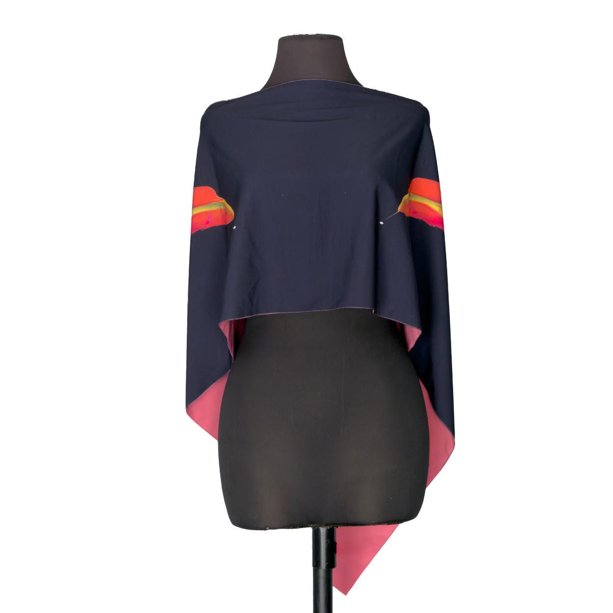 Dark navy draped cape with red-yellow sleeve stripes on a mannequin
