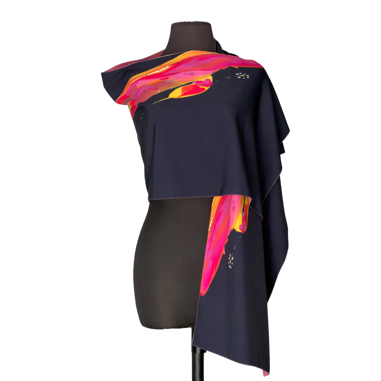 Off-shoulder navy dress with bright pink and orange abstract print on a mannequin