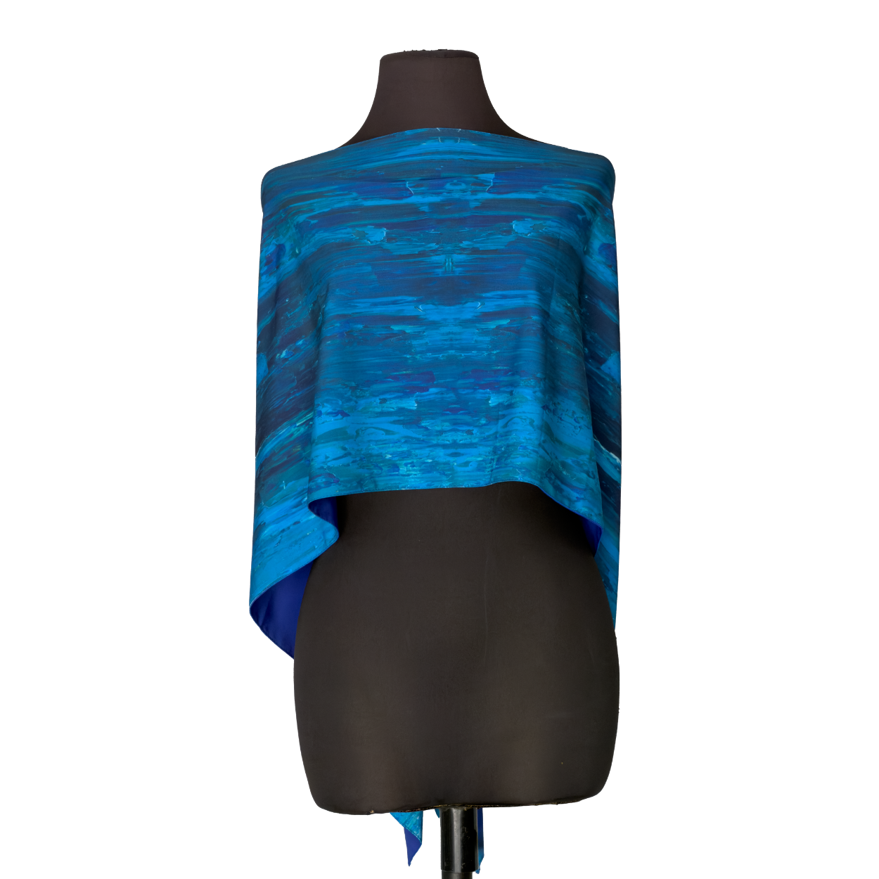 Blue textured off-the-shoulder top on a black mannequin front view