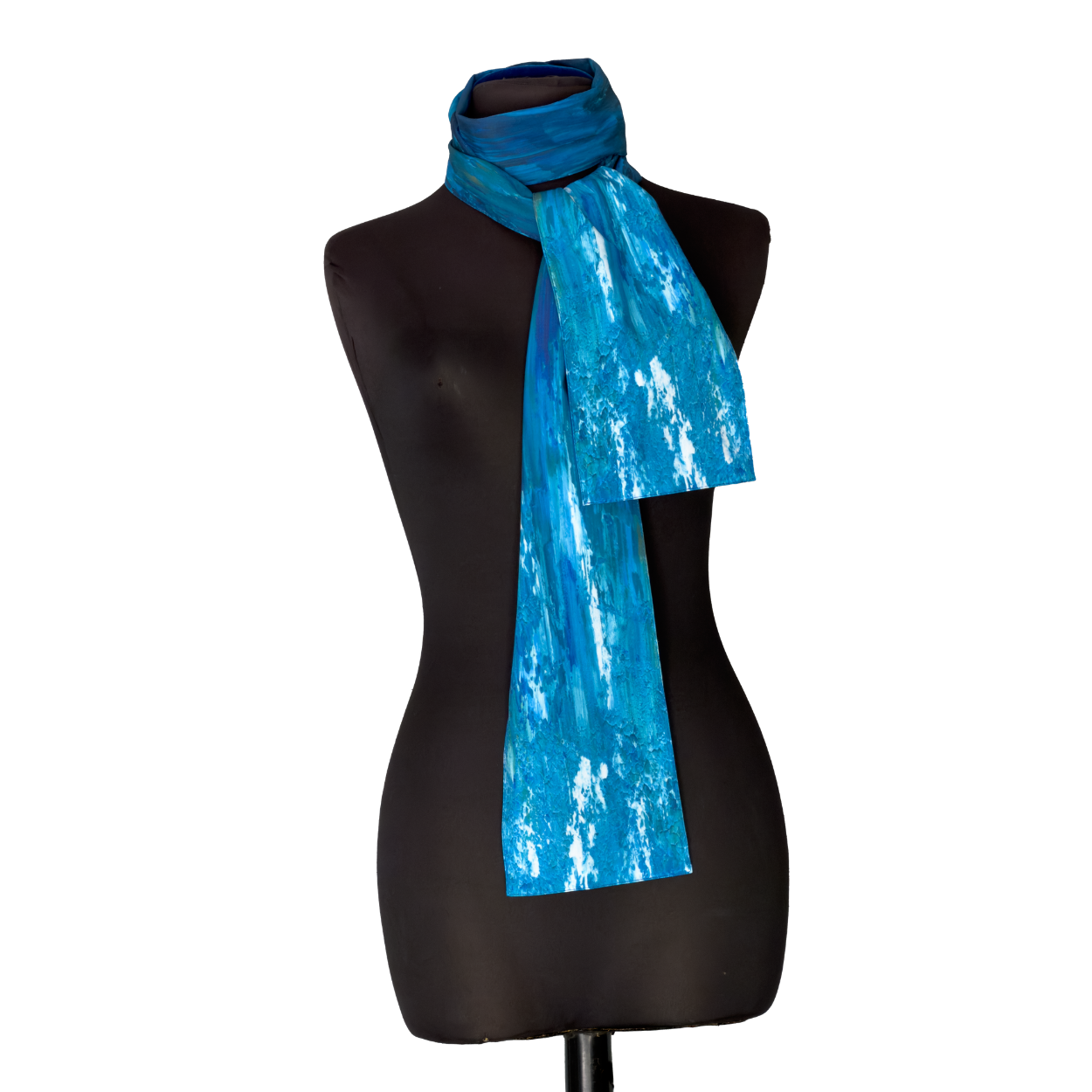 Blue patterned scarf wrapped around a black dress form mannequin.