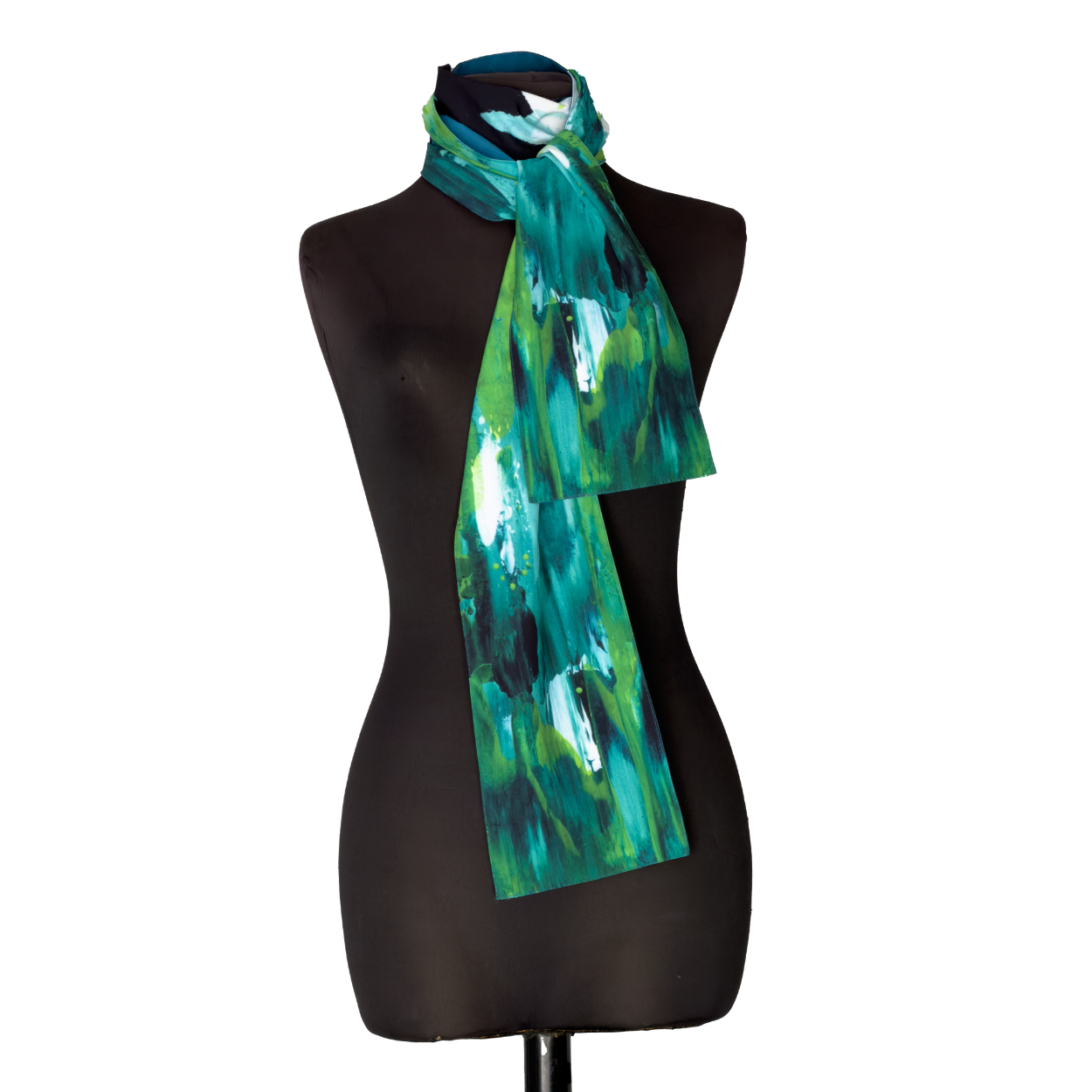 Black dress form with a teal and green abstract scarf draped around the neck.